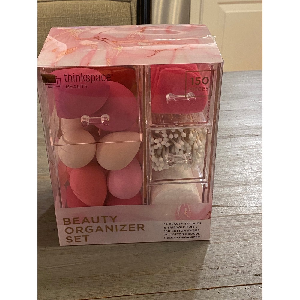 Thinkspace Beauty 150pc Organizer Set Pink Marble Clear Acrylic 3-Drawer Sponges